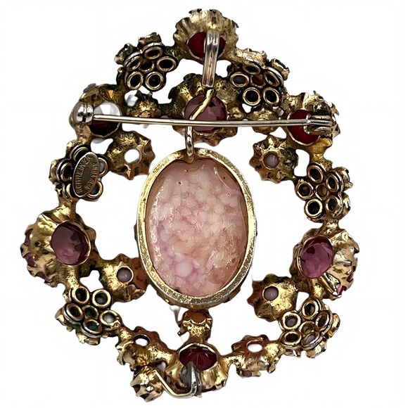 Vintage Schreiner New York Brooch Mid Century Pink Cabochon Rhinestones, Pearls - Picture 6 of 9